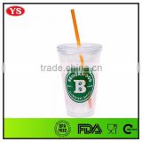 Cheap 16oz double wall plastic cup with straw and lid