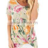 Custom Plus Size USA Women's Floral Print Boutique Summer Casual Short Sleeves Front Side Knot T-Shirts Tops thumbnail-6