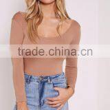 Women Basic Crew Neck Slim Fit Thong Bodysuit With Long Sleeve Jumpsuit High Waist thumbnail-3