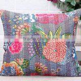 Grey Kantha Pillow Cover Indian Floral Pillow Handmade Throw Pillow 16X16 thumbnail-2