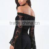 Clothes Woman Fashion Long Bell Sleeve Off-shoulder Lace Blouse Black for Wholesale 2017 thumbnail-2