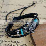 New Fashion Black Cord Silver Tone & Green Beads Gunmetal Halloween Skull Cowhide Multilayer Bracelets thumbnail-1