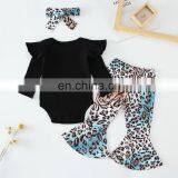 Baby Girl Fall Winter Ribbed Fall Clothes Set Ruffle Romper + Leopard Flared Pants Trousers +Headband Outfits Clothes thumbnail-2