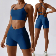 Wholesale fitness yoga wear 2 piece active wear set women gym multi strap open back sports bra front cross over mini shorts set