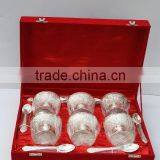 Metal Bowl Six Ice Cream Cups Made in Brass and Silver Plated in a Velvet Box thumbnail-1