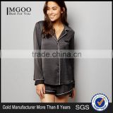 Dark Grey Contrast Trim Blank Pyjamas Shirt and Shorts Soft Silk Satin Sleepwear Long Sleeves Customzied thumbnail-1