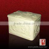 Square Style Ivory Glazed Ceramic Mini Urns With Plum Figure for Funeral in Sale thumbnail-1