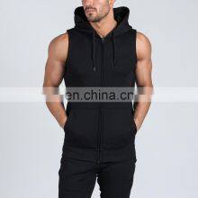 Manufacturer Wholesale Custom Embroidery Logo Cotton Men Full Zip up Blank Gym Fitness Sleeveless Hoodie With Pockets thumbnail-1