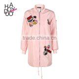 HAODUOYI Women Trench Coat Printed Pink Pockrts Zipper Loose Long Sleeve Coat Elegant Lady Coat thumbnail-1