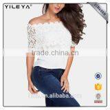 off Shoulder White Crochet Chiffon Women Casual Blouse Designs thumbnail-1
