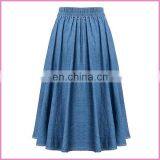 Soft Thin Denim Fabric Long Pleated Skirt Elastic Waist Band and Middle Buttons Lady Jeans Skirt thumbnail-2