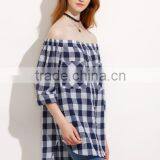 Blouses Latest Fashion Design Women Clothing Gingham Button Pocket Off The Shoulder Blouse thumbnail-1