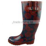 Lady Summer Red And Dark Blue Chrysanthemum Print Rain Boots