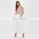 New Fashion Plain Nude Frill Women Cold Shoulder Sexy Tops Bodysuit