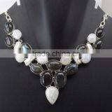 Labradorite, Rainbow Moonstone, Biwa Pearl Necklace Plated 925 Sterling Silver 60 Gms 18-20 Inches thumbnail-1