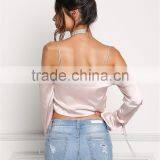 MGOO Custom Manufacturer Polyester Cropped Blouses Blush Silky Cold Shoulder Long Sleeves Satin Crop Tops thumbnail-5