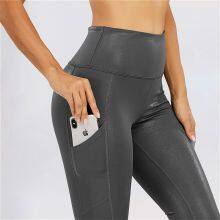 High Strength Sports Yoga Leggings With Pockets Women Workout Shiny Pants thumbnail-2