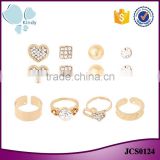 Fashion 8 pieces jewelry set high density zinc ally rhinestone cheap gold ring earring