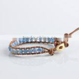 Lap Beaded Blue Frosted Agate Stone Natural Leather Bracelet for Women Party Jewelry Wholesale thumbnail-2