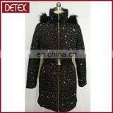 Latest Coat Designs Black Long Hooded Printing Woman Winter Coat