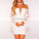 American Style Ladies Sexy Off Shoulder Bell Sleeve White Lace Dress for Elegant Women Party thumbnail-1