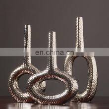 Moder Luxury Golden Ceramic Home Decor Silver Plated Hollow Donut Flower Vase for Living Room Decoration thumbnail-5