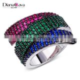 Unique 3 Strips Colorful Cubic Zirconia Siam Emerald Montana Cocktail Party Ring