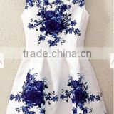 White Print Round Neck Sleeveless Acrylic Floral Dress