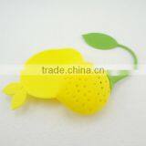 Color Yellow Stainless Steel Tea Infuser Strainer With Green Silicone Leaf Lid