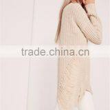 Custom Made Women Longline Oversized Knitwear Private Label Own Branding Sweater Distressed Off Shoulder Jumper Cream thumbnail-4