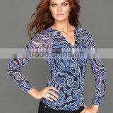 Fashion Designer Long Sleeve V Neck Slim Fit Print Chiffon Shirt thumbnail-1