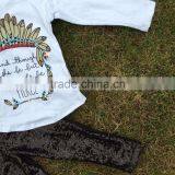 2016 New Design "Fierce" Feather Long Sleeves Black Sequins Pants Kids Clothing Girls Clothes Suit With Matching Accessories thumbnail-3