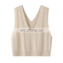 Women's Custom Crop Tank Top V-Neck Woolen Knitted Cashmere Vest With Embroidered Logo Casual Short Length Vests for Suits thumbnail-1