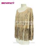 Wholesale Camel Color Laser Cut Suede Long Cardigan With Fringe thumbnail-5