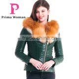 New Design Winter Women Short Slim Fit Leather Jacket With Red Fox Hat Overcoat