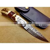 A HANDMADE QUALITY WITH STAG AND ROSE WOOD COMBINATION ON HANDLE, HANDMADE DAMASCUS STEEL LINER LOCK HUNTING FOLDING KNIFE