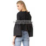 HAODUOYI Soild Black OL Women Blouse Round Neck Long Trumpet Bowknot Sleeve Silt Botton Hollow Out Back Lady Tops for Wholesale thumbnail-3