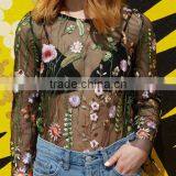 Fashion Transparent Mesh Floral Embroidery Top Tees Summer Short Sleeve T-Shirt Apparel thumbnail-4