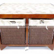 Wicker Basket Drawers Solid Wood Linen Fabric Covered Hall Storage Bench Seat thumbnail-2