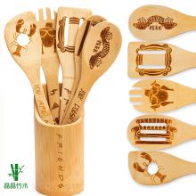 Bamboo wood cooking utensil set with holder Wholesale burned bamboo spatula sets