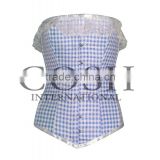 Overbust Steel Boned Corset with blue and white checked fabric with lace