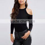 High Neck And Cold Shoulder Bodysuit Plain Black Spandex Tight Bodysuit Women Wholesale Price thumbnail-2