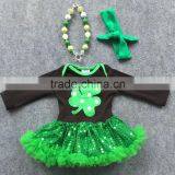 2016 New St Patrick Shamrock Paillette Tutu Dresses Girls Baby Kids Clothes Romper With Matching Necklace and Headband Set thumbnail-1