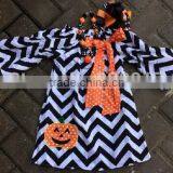 Baby Girls Halloween Black Chevron Pumpkin Dress With Matching Hair Bows and Chunky Necklace Set thumbnail-1