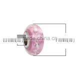 Lampwork Glass & Cubic Zirconia European Style Large Hole Charm Beads Round Light Pink Clear W/ Stainless Steel Core thumbnail-2