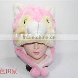 Cartoon Pink Vole Plush Warm Hat With Ear Poms And Flaps