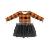 hot selling item fashion tulle orange buffalo pattern dress half black baby girls dress dress for baby girl