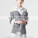 2017 New Design Cold Shoulder Long Sleeve Fake 2 Piece Shirt thumbnail-2