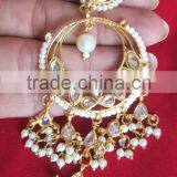 5 Line Bridal KUNDAN Designer Pearl GOLD PLATED Necklace DANGLER EARRING Set thumbnail-3