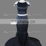 Elegant Cap Sleeve Beaded Court Train Black Long Evening Dress For Fat Women thumbnail-5